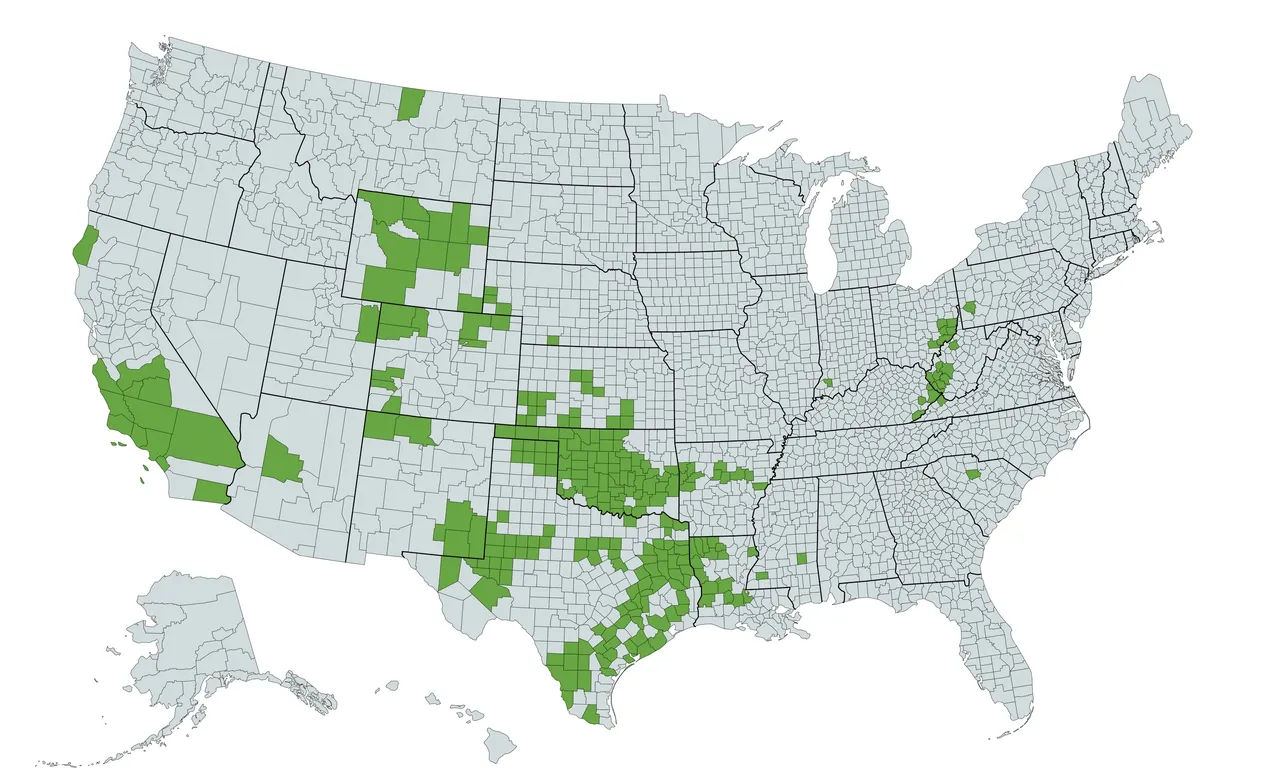Map of the United States with Cannon Field mineral and royalty counties highlighted in green